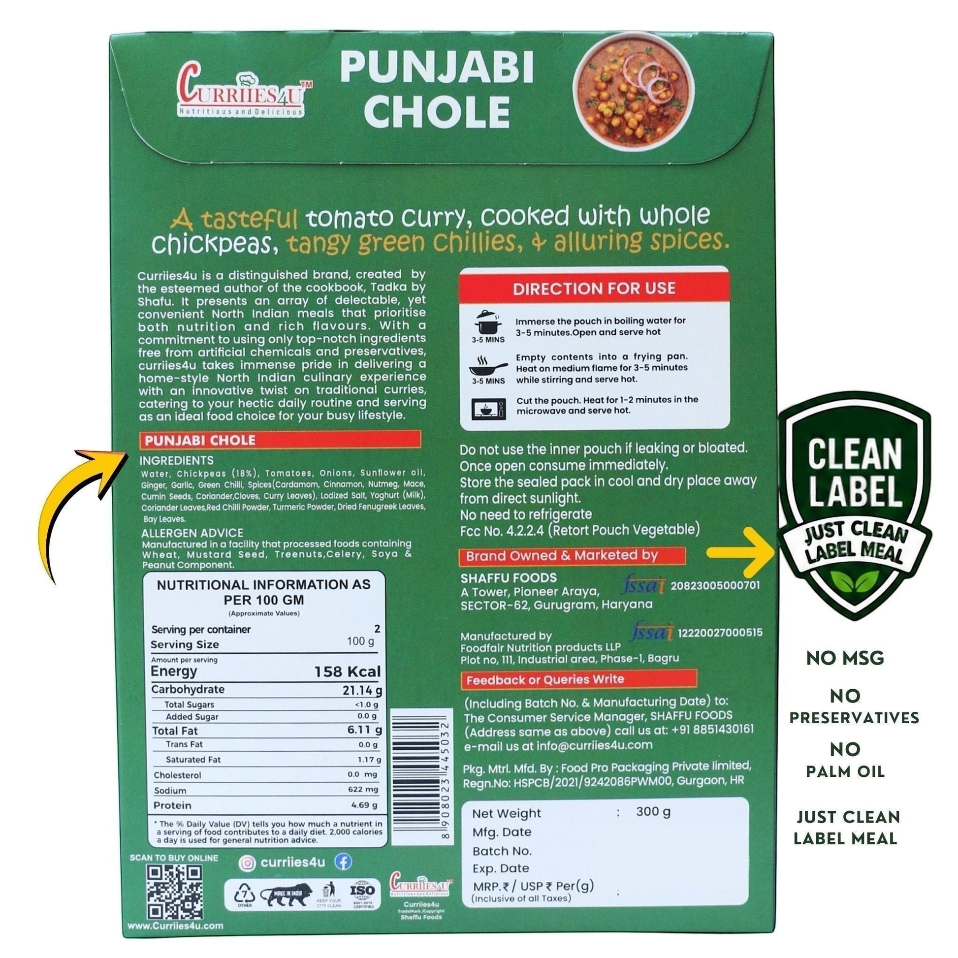 Back of Curriies4u Punjabi Chole ready-to-eat meal packaging with nutritional info, ingredients, and heating steps.