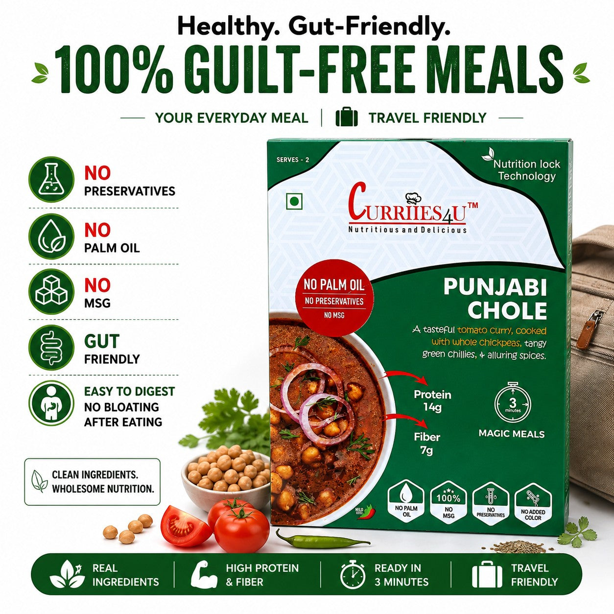 Curriies4u Punjabi Chole ready-to-eat meal box with clean label ingredients, no palm oil, and 3-minute preparation.