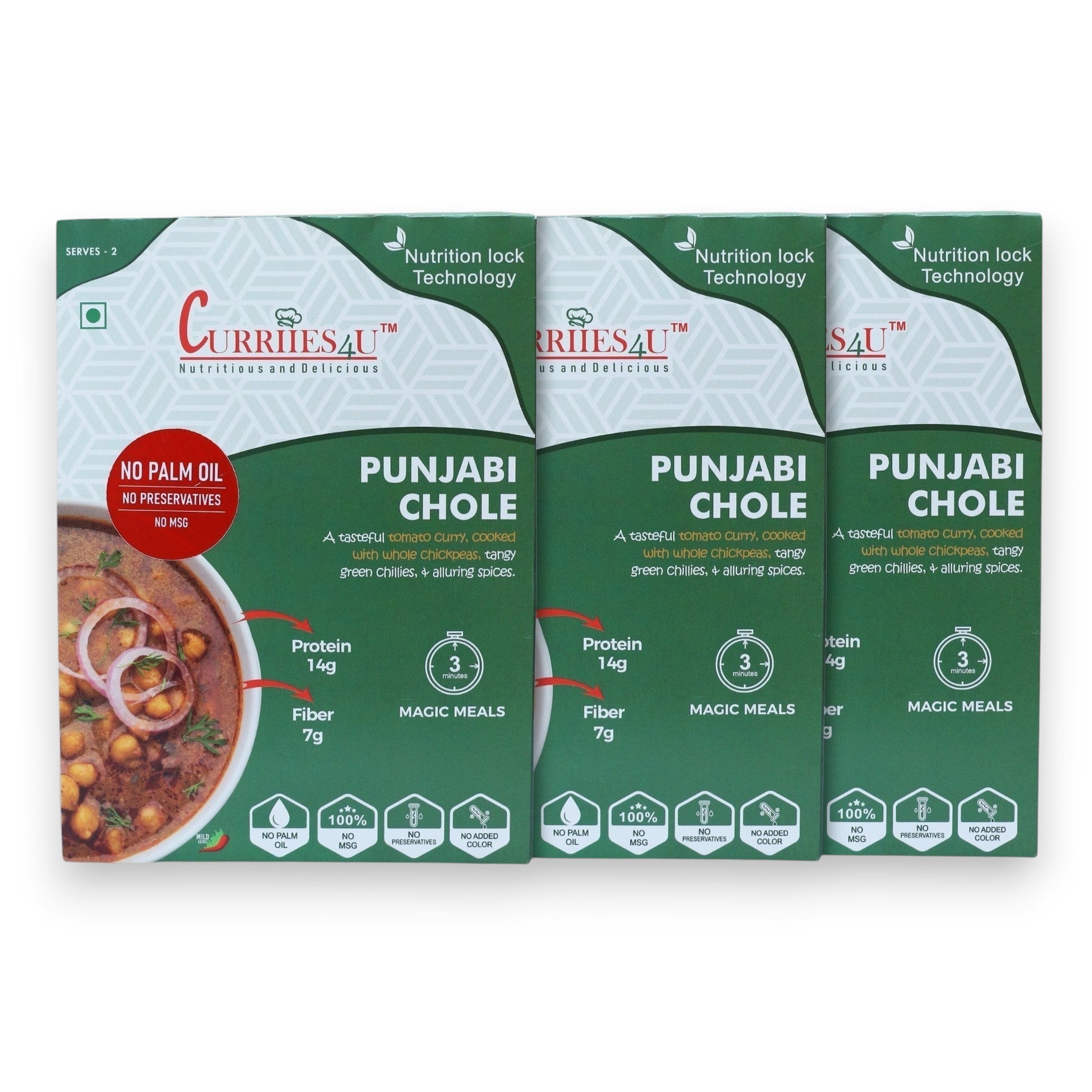 Three boxes of Curriies4u Punjabi Chole ready-to-eat chickpea curry with tomato gravy and no preservatives.