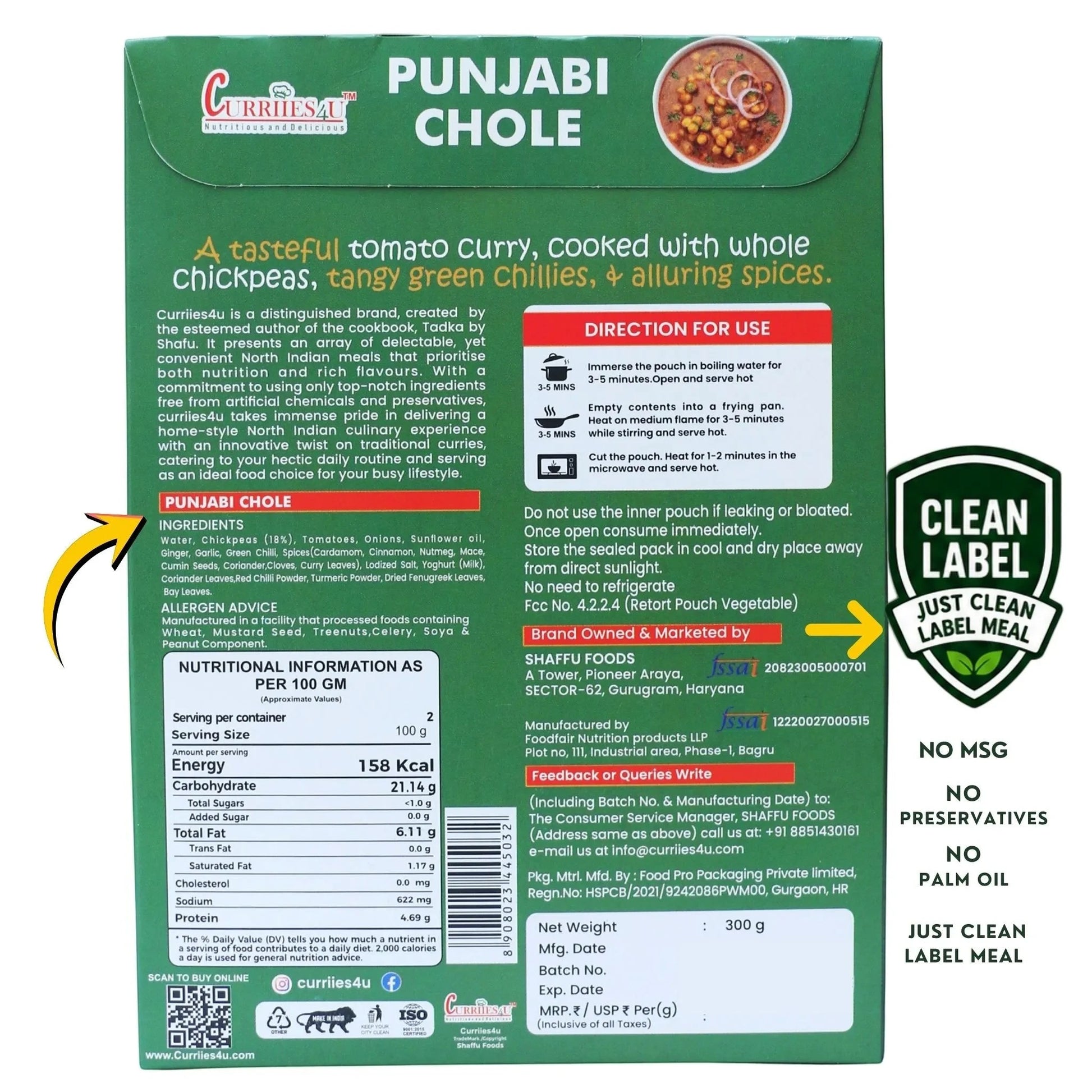Back of Curriies4u Punjabi Chole packaging showing ingredients, nutritional facts, and preparation instructions.