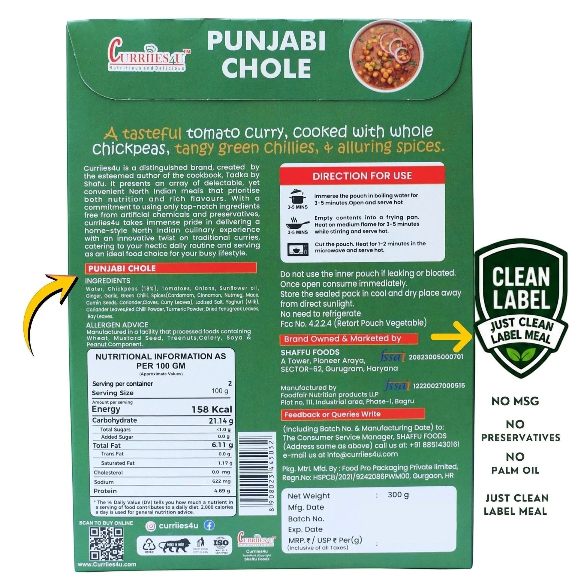 Back of Curriies4u Punjabi Chole ready-to-eat meal pouch showing ingredients, nutrition facts, and clean label info.