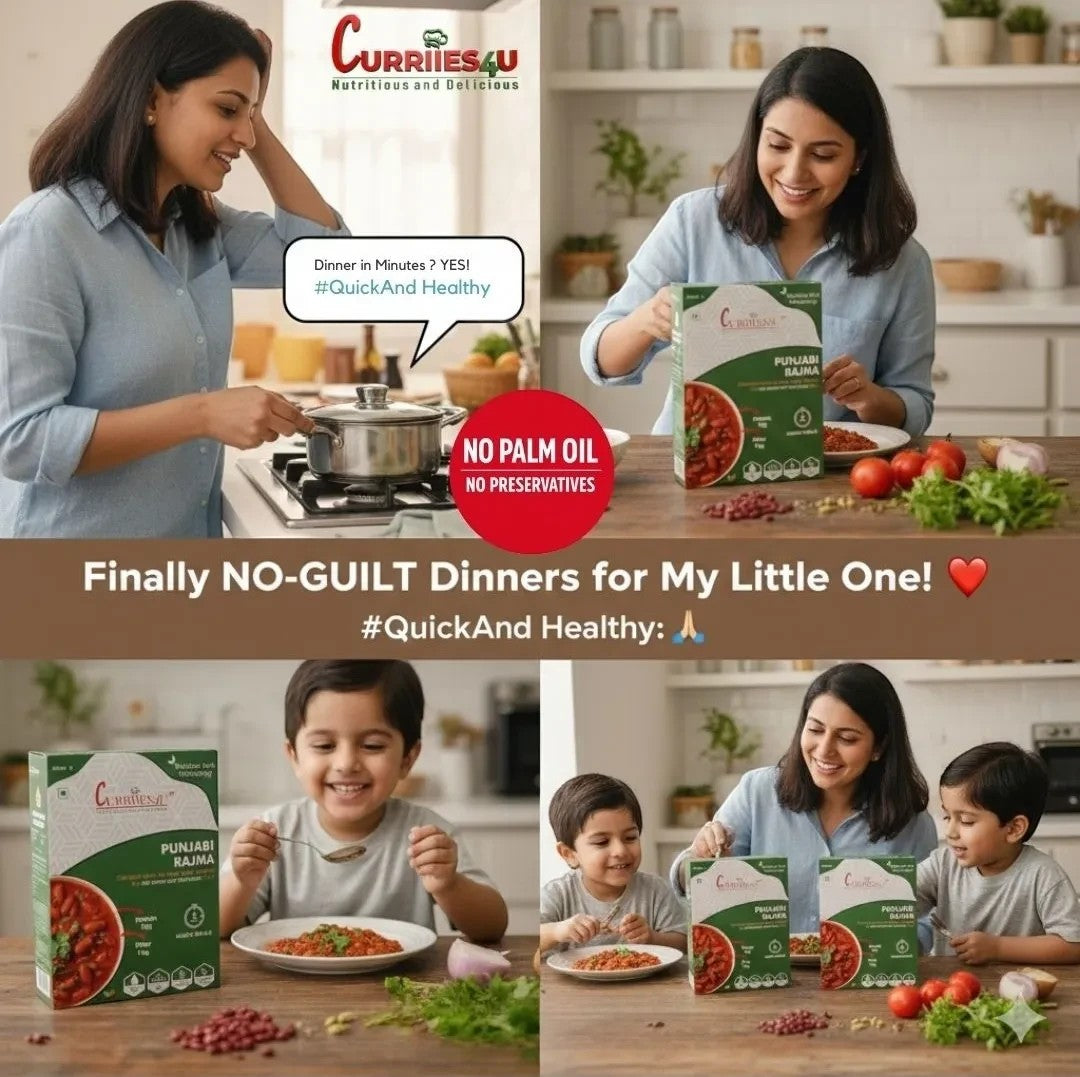 Curriies4u ready-to-eat Punjabi Rajma and Chole meal packs being prepared and enjoyed by a mother and her two children.