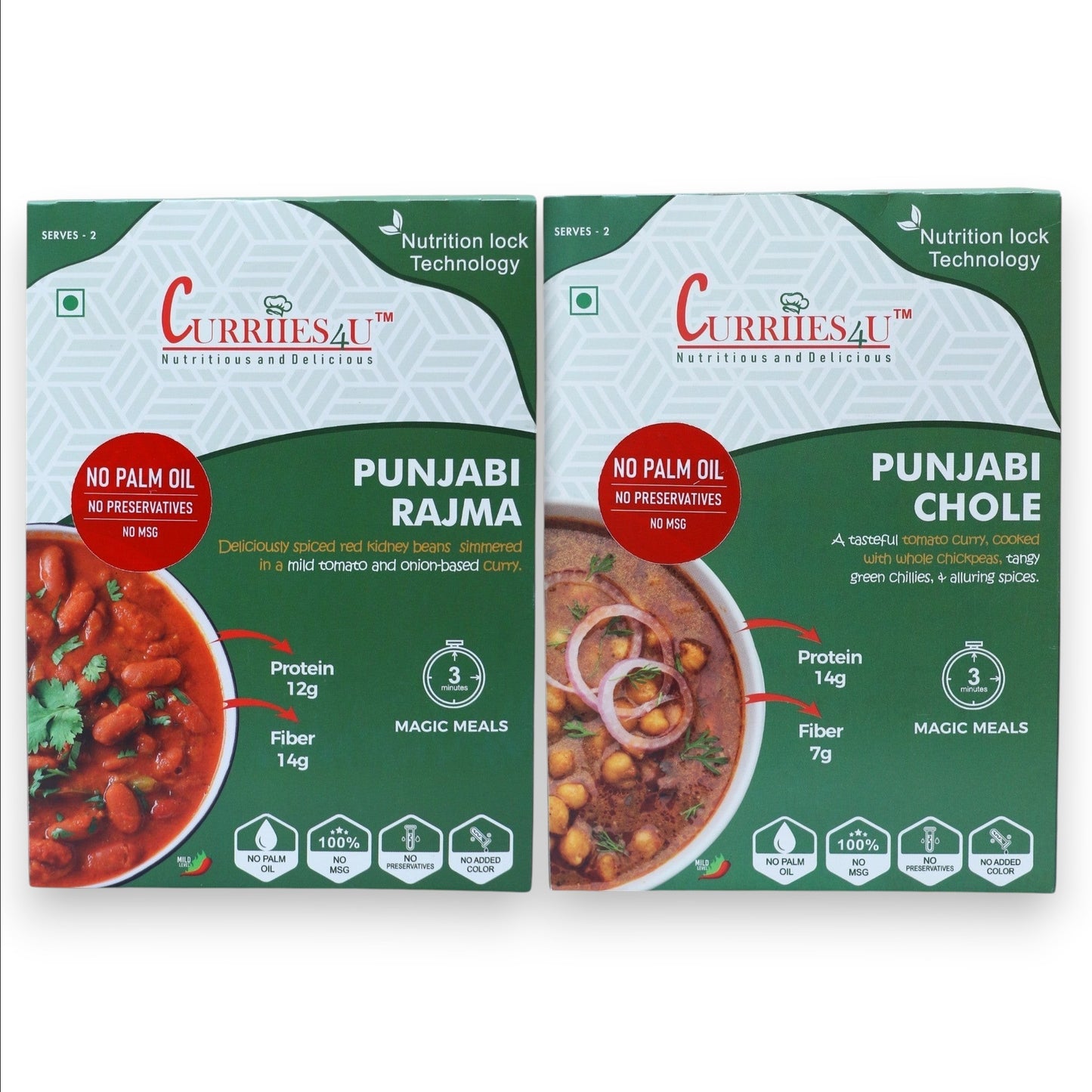 Curriies4u ready-to-eat Punjabi Rajma and Punjabi Chole combo packs featuring nutritious, preservative-free Indian meals.