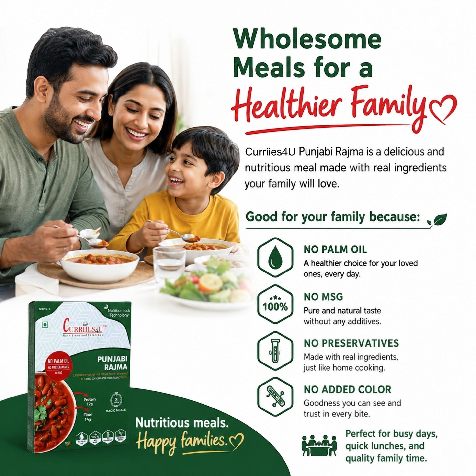 Happy family eating Curriies4u Punjabi Rajma ready-to-eat Indian meal, highlighting healthy, preservative-free food.