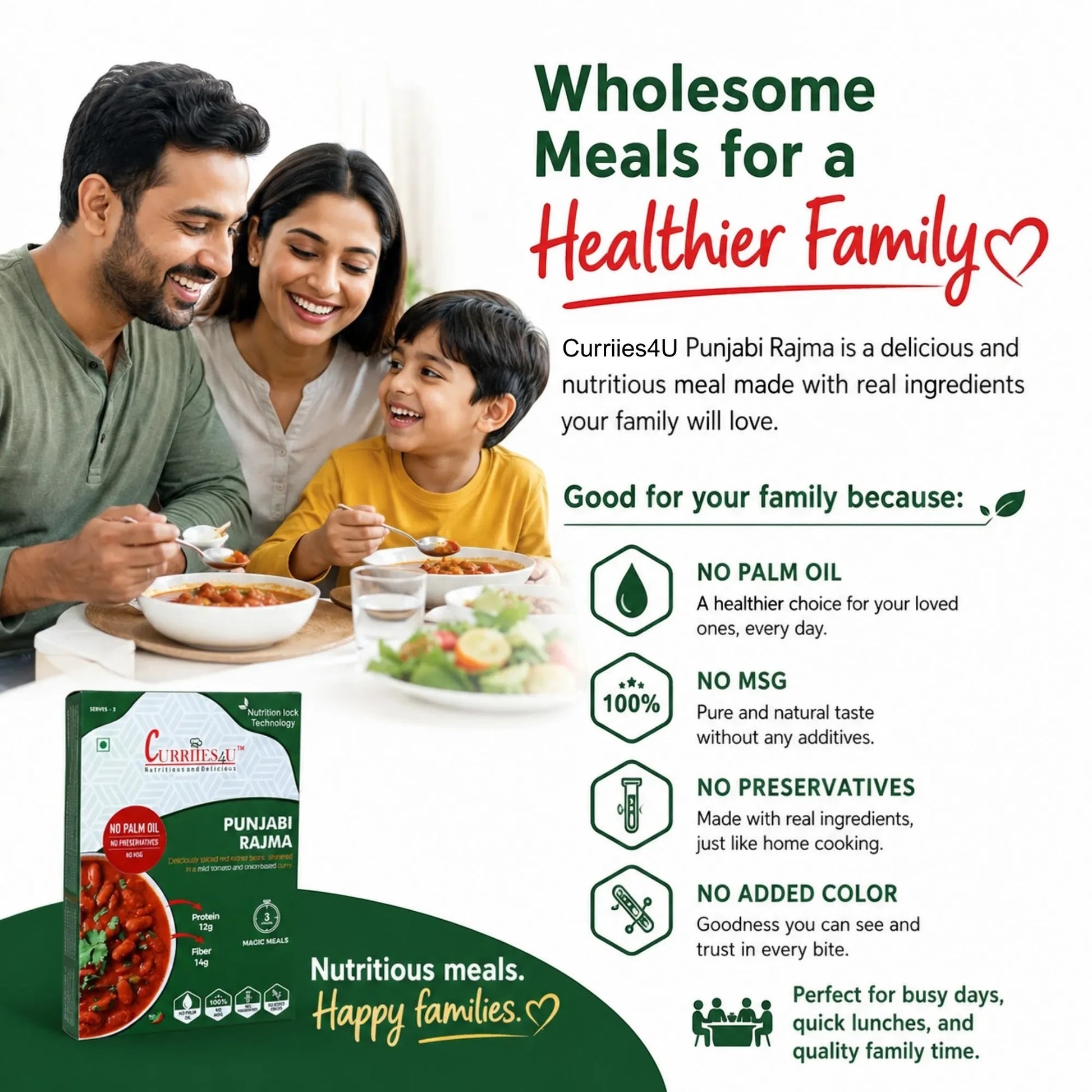 A happy family eating Curriies4u Punjabi Rajma, a healthy, preservative-free, ready-to-eat vegetarian Indian meal.