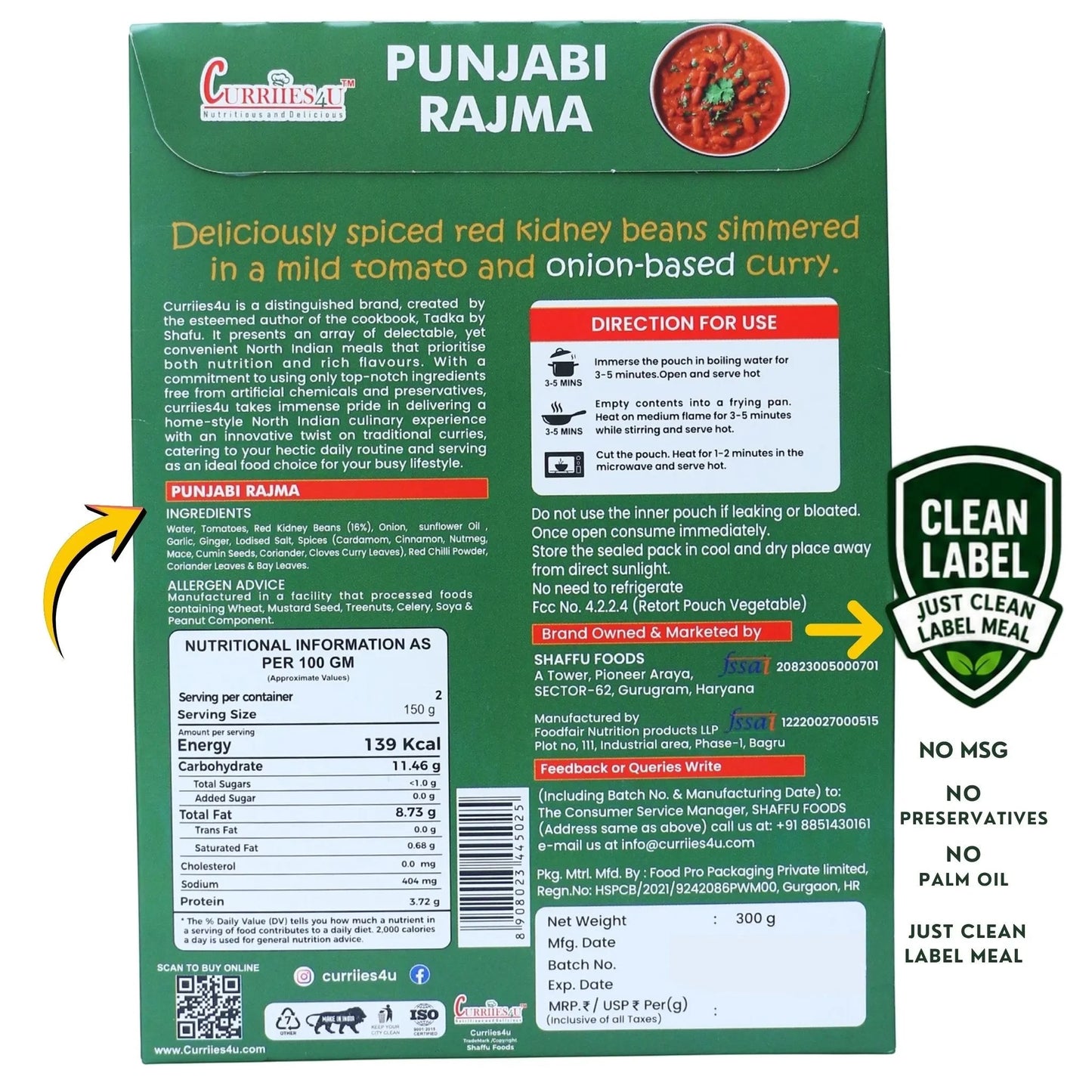 Back of Curriies4u Punjabi Rajma ready-to-eat meal pack with nutrition facts, ingredients, and cooking instructions.