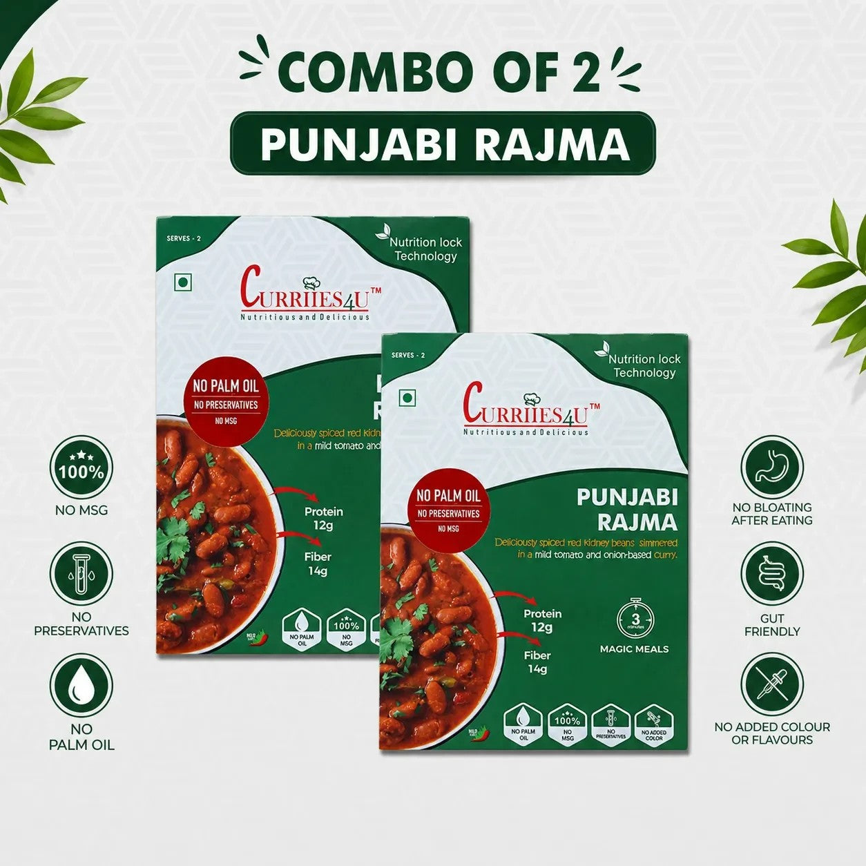 Curriies4u Punjabi Rajma ready-to-eat meal pack of 2 featuring red kidney beans in a tomato and onion gravy.