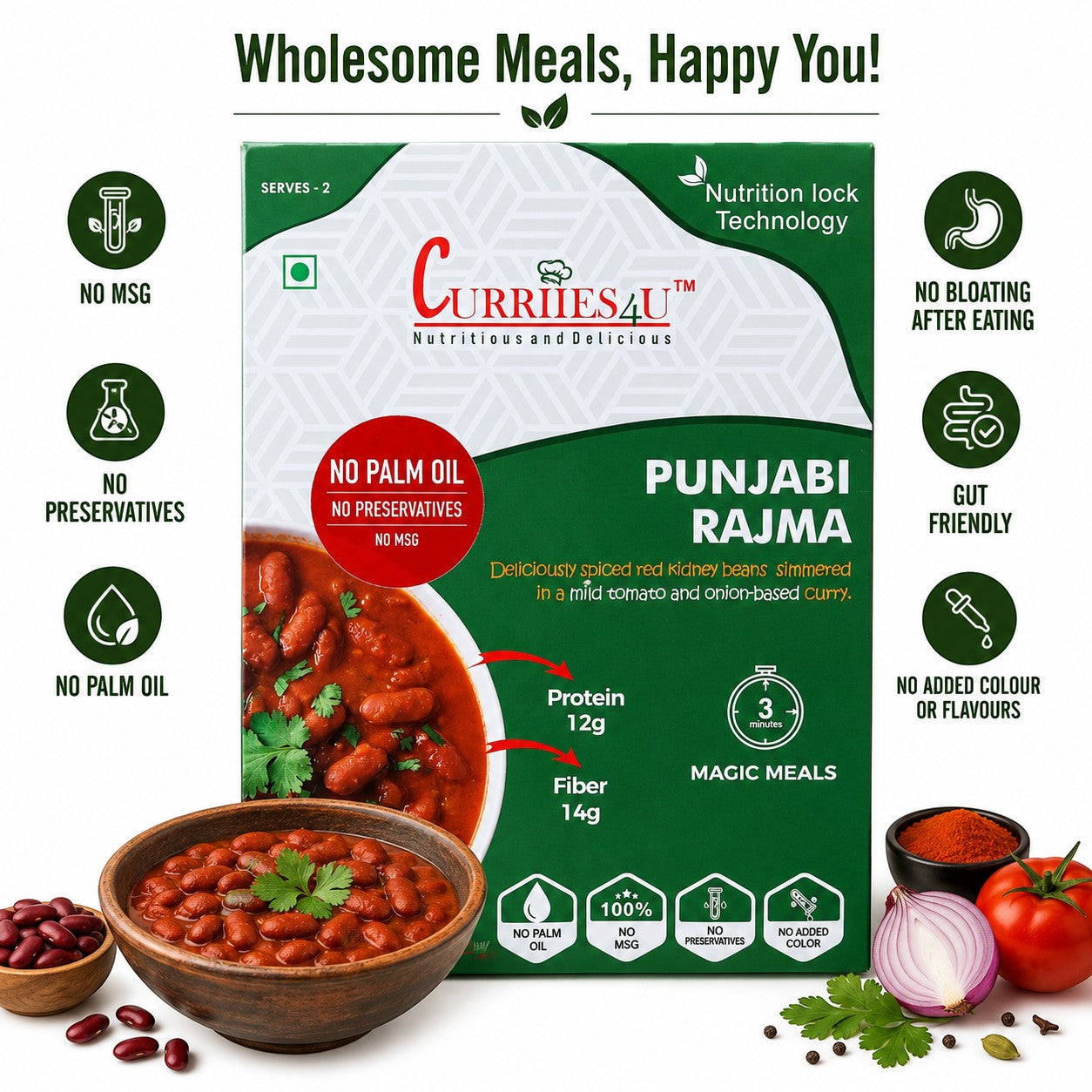 Curriies4u Punjabi Rajma ready-to-eat meal pack featuring red kidney beans in tomato onion gravy, 12g protein, 14g fiber