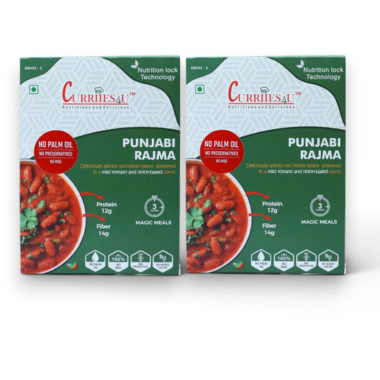 Two Curriies4u Punjabi Rajma ready-to-eat meal boxes featuring red kidney bean curry with no preservatives or MSG.