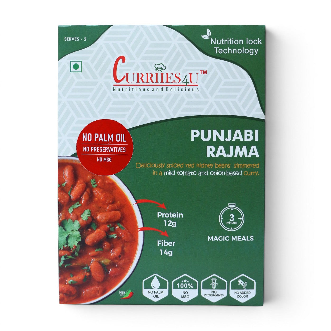Curriies4u ready-to-eat Punjabi Rajma box featuring red kidney beans in tomato gravy, 12g protein, and 14g fiber.