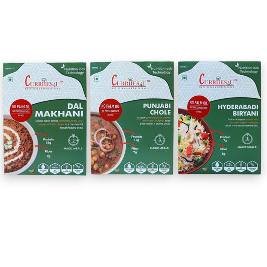 Curriies4u ready-to-eat combo pack featuring Dal Makhani, Punjabi Chole, and Hyderabadi Veg Biryani meal pouches.