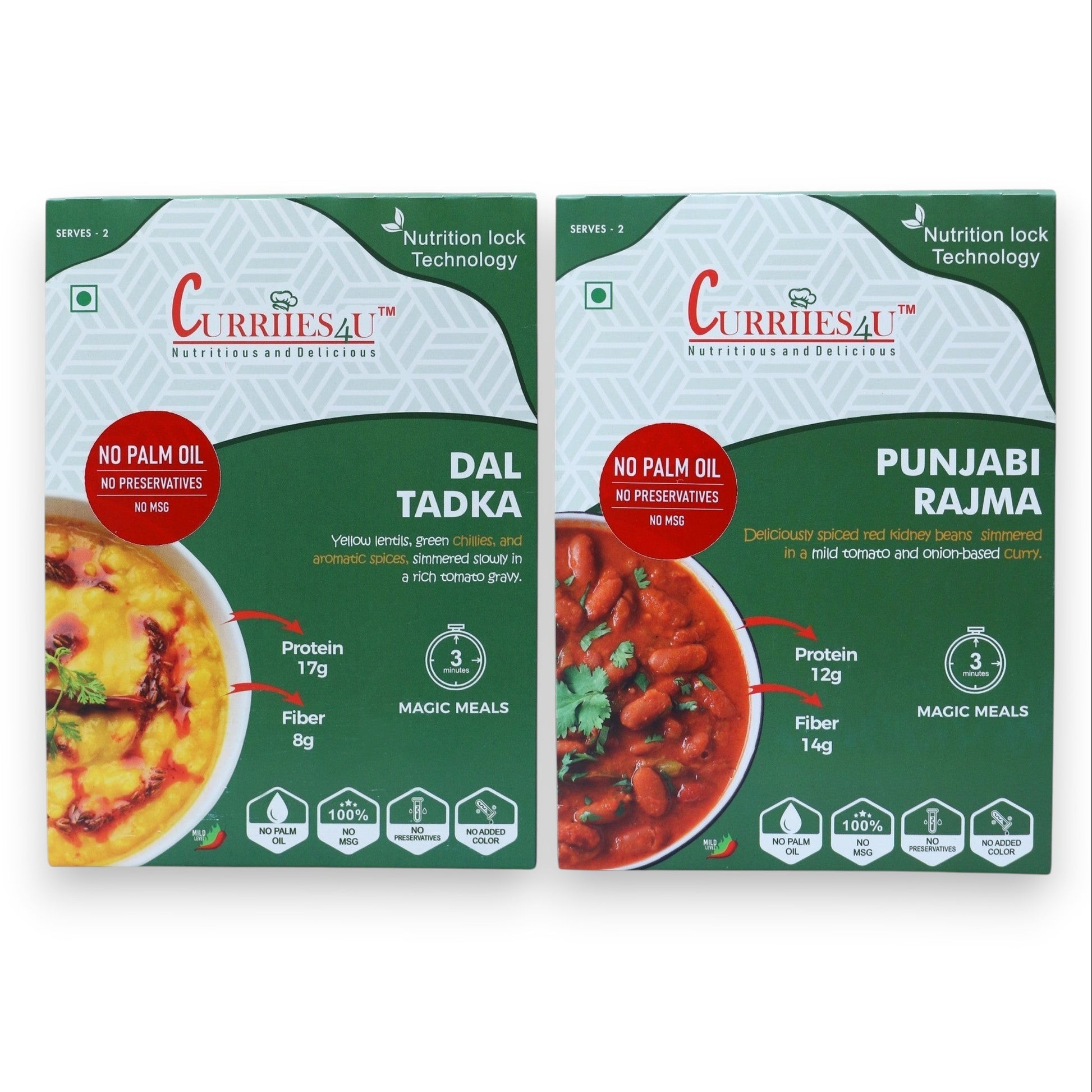 Curriies4u ready-to-eat Dal Tadka and Punjabi Rajma meal packs with nutrition labels and 3-minute prep time.
