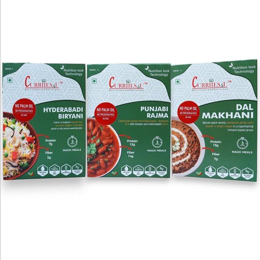 Curriies4u pack of 3 ready-to-eat Indian meals including Hyderabadi Biryani, Punjabi Rajma, and Dal Makhani.