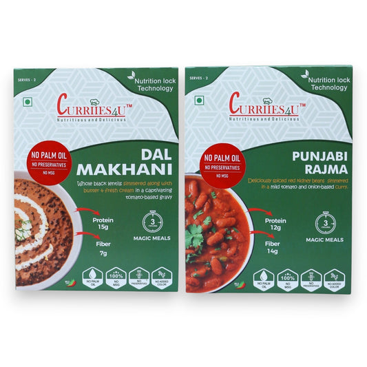 Curriies4u ready-to-eat Dal Makhani and Punjabi Rajma meal variety pack, healthy and preservative-free Indian food.
