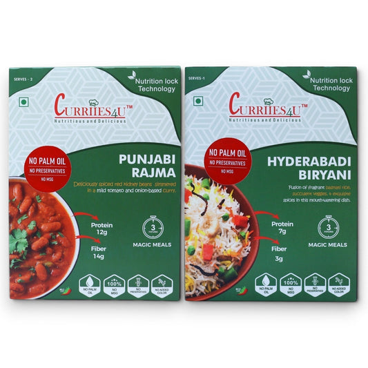 Curriies4u ready-to-eat Punjabi Rajma and Hyderabadi Biryani meal pouches with natural ingredients and no additives.