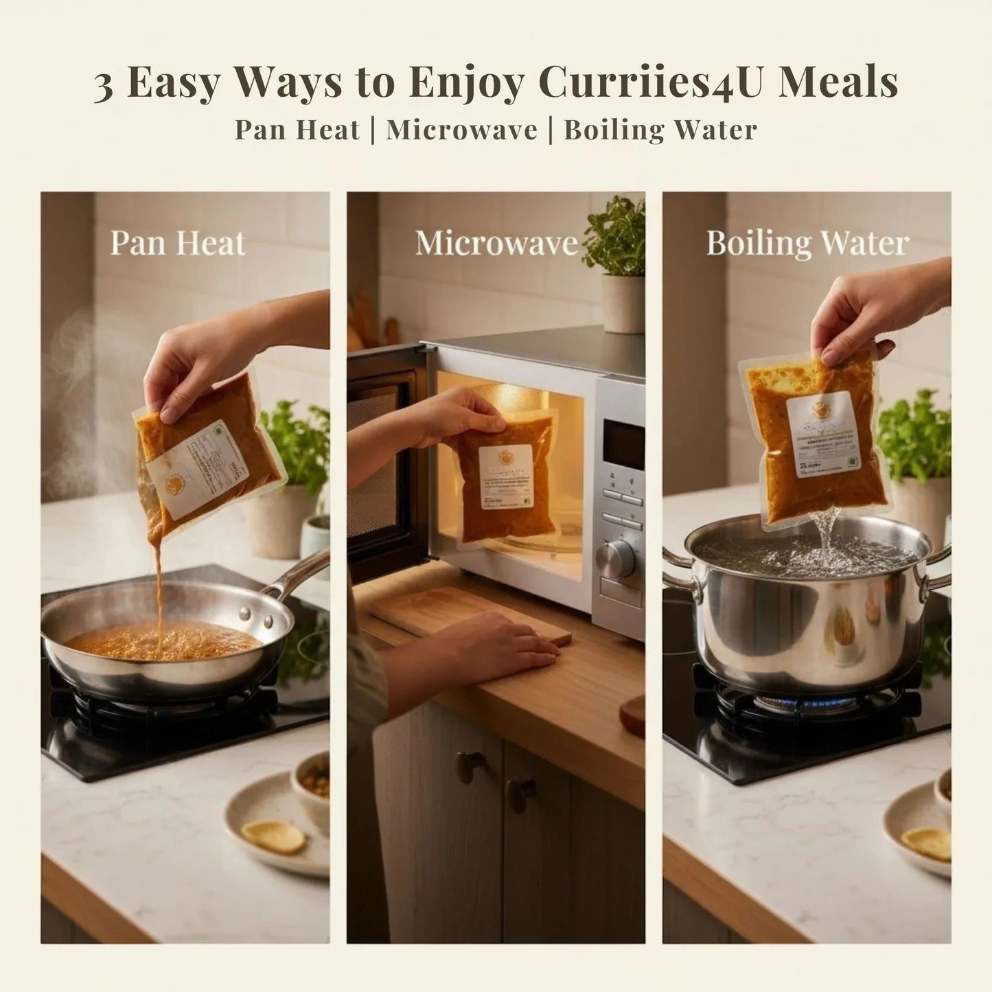 Three methods to prepare Curriies4u ready-to-eat Indian meals: pan heating, microwaving, and boiling in water.