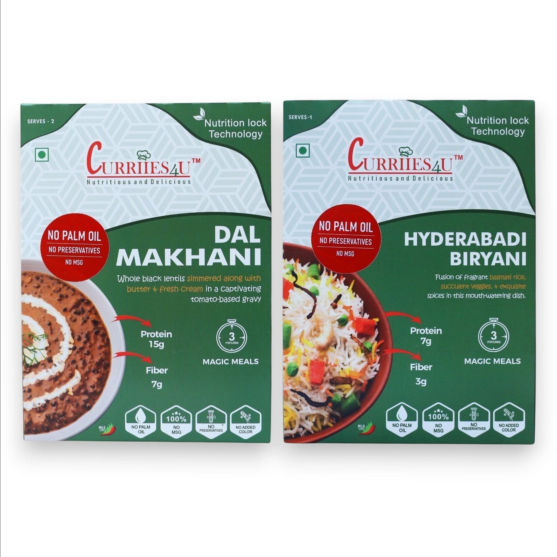 Curriies4u ready-to-eat Dal Makhani and Hyderabadi Biryani meal pouches with natural ingredients and no preservatives.