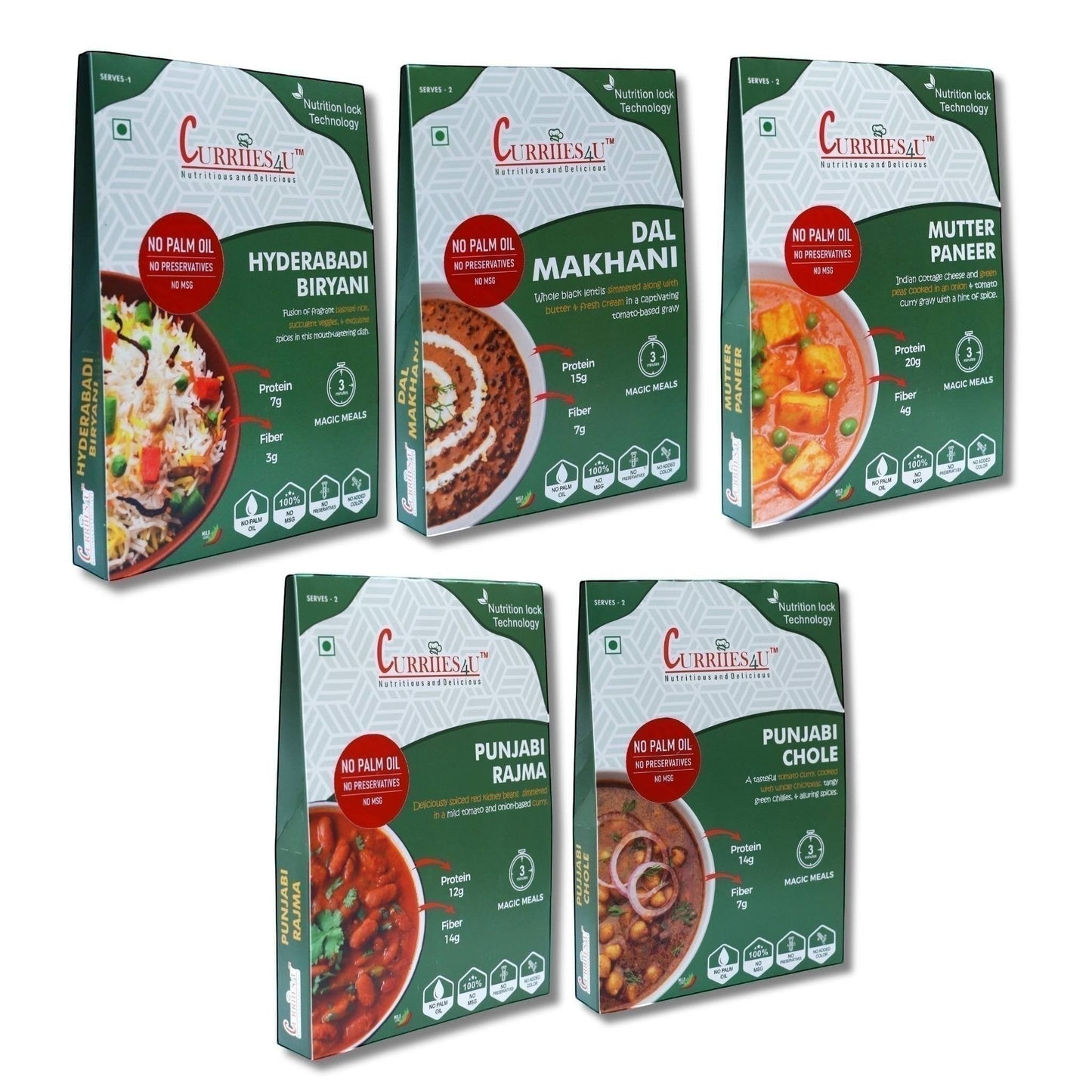 Curriies4u ready-to-eat Indian meal variety pack featuring five different authentic, preservative-free curry pouches.