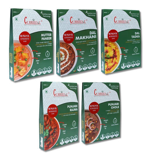 Curriies4u variety pack of five ready-to-eat Indian meals including Mutter Paneer, Dal Makhani, and Punjabi Chole.