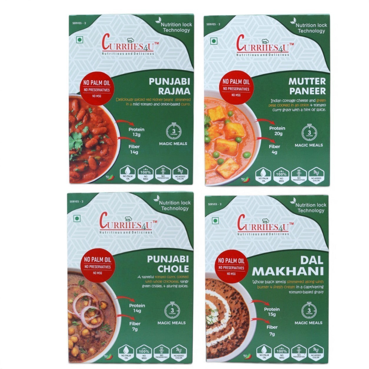 Curriies4u ready-to-eat Indian meal packs including Punjabi Rajma, Mutter Paneer, Punjabi Chole, and Dal Makhani.