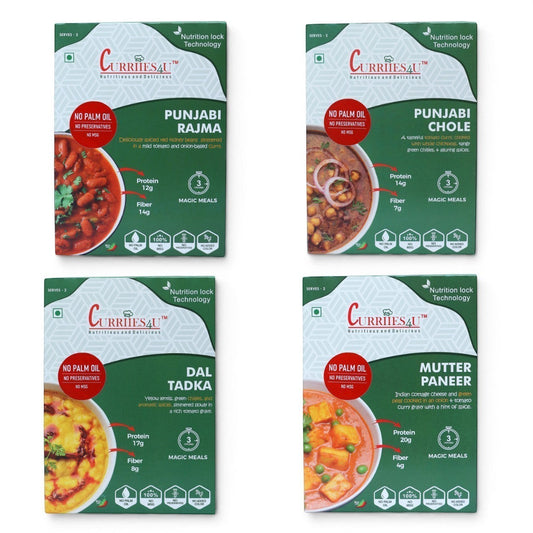 Curriies4u ready-to-eat Indian meal assortment featuring Rajma, Chole, Dal Tadka, and Mutter Paneer pouches.