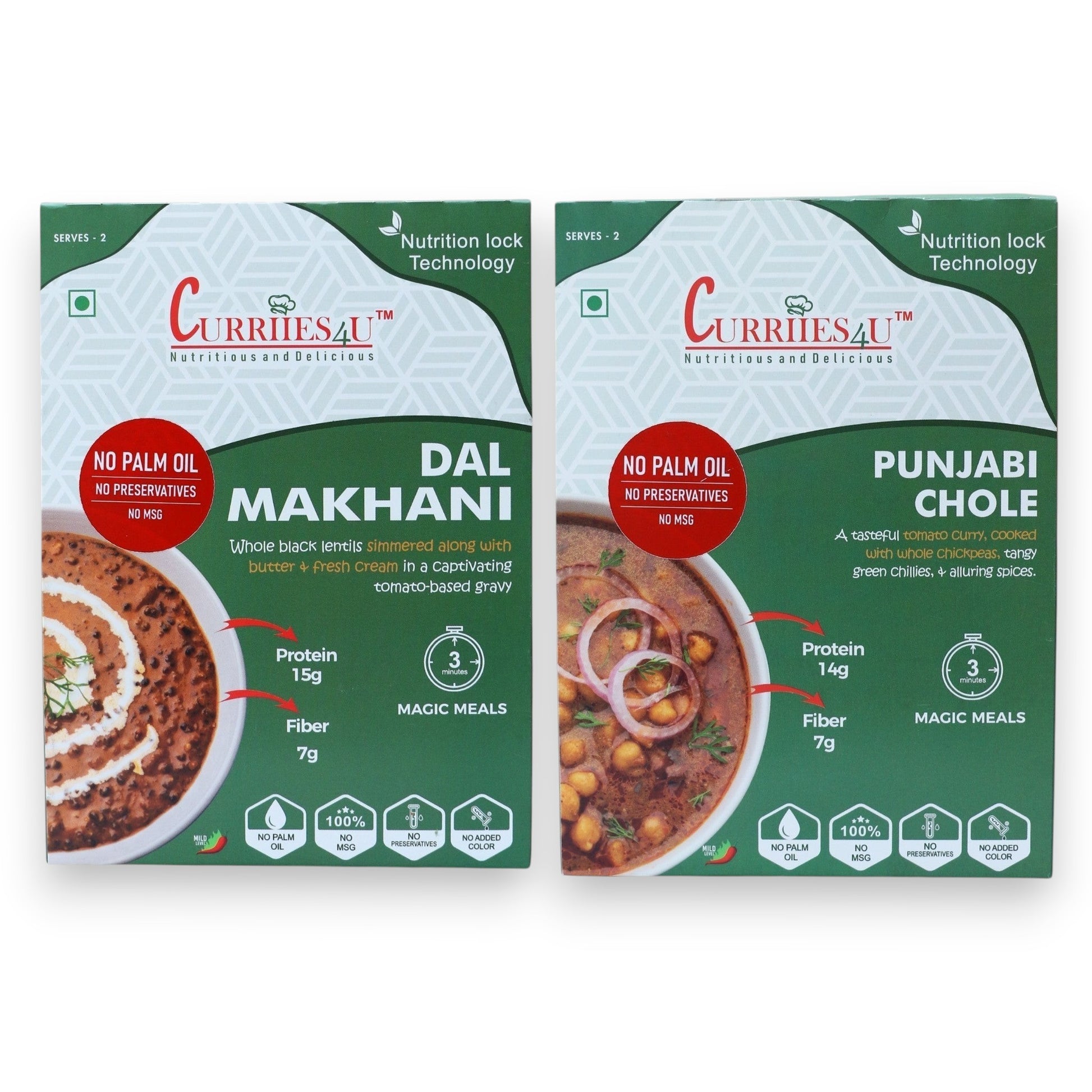 Curriies4u ready-to-eat Dal Makhani and Punjabi Chole meal packs with no preservatives or palm oil.