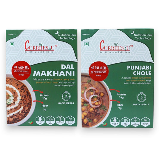 Curriies4u ready-to-eat Dal Makhani and Punjabi Chole meal packs with no preservatives or palm oil.