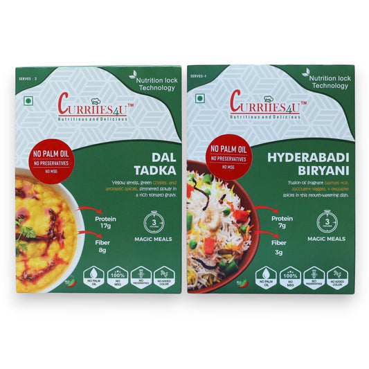 Curriies4u ready-to-eat Dal Tadka and Hyderabadi Biryani meal packs with nutrition details and no preservatives.