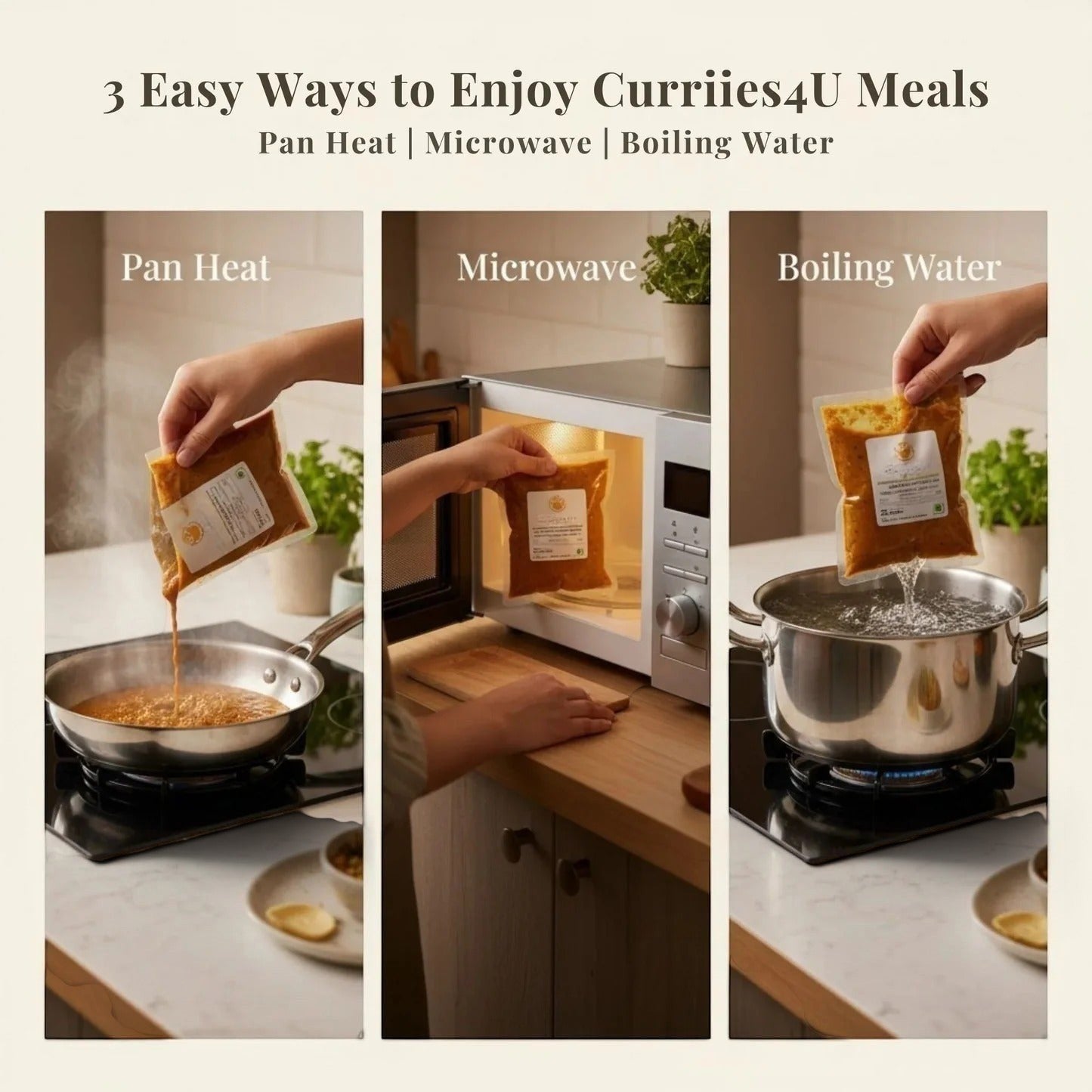 Curriies4u ready-to-eat meal preparation guide showing pan heating, microwave, and boiling water methods.