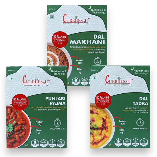 Curriies4u ready-to-eat meal variety pack featuring Dal Makhani, Punjabi Rajma, and Dal Tadka in green packaging.