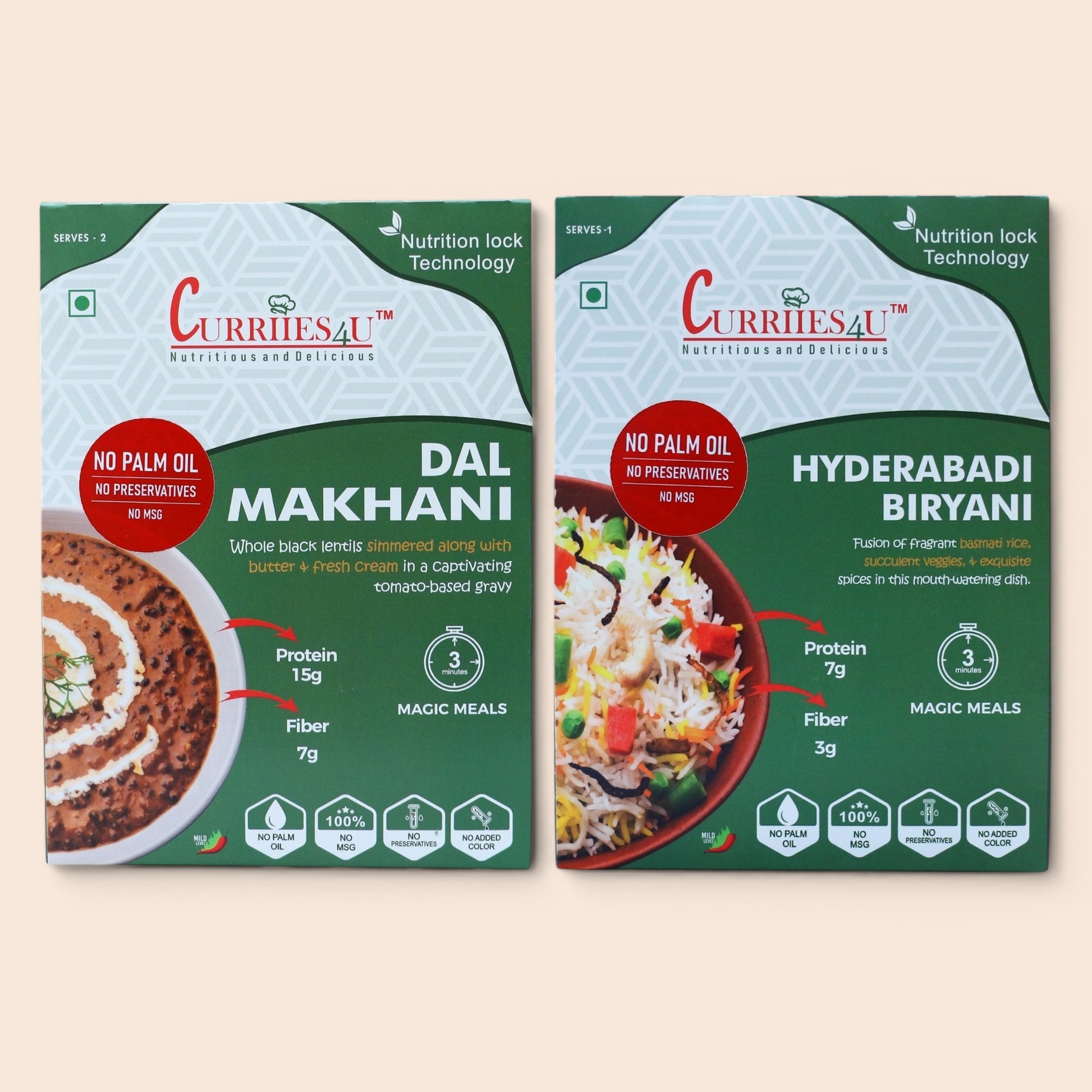Curriies4U Dal Makhani & Hyderabadi Veg Biryani Ready to Eat Combo Pack – Authentic Indian Vegetarian Meals, No Preservatives, No MSG, No Palm Oil, High Protein Food, Instant Ready-to-Eat Indian Meal Combo