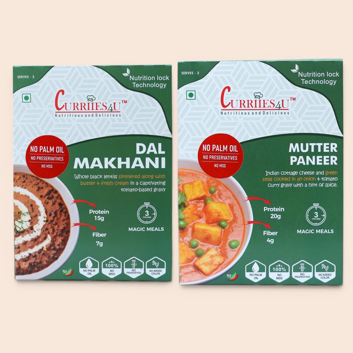 Curriies4U Ready-to-Eat Combo featuring Dal Makhani and Mutter Paneer, authentic Indian vegetarian curries made with black lentils, paneer, and green peas, high-protein meals, no preservatives, no MSG, no palm oil, healthy instant Indian food, shelf-stable and travel-friendly meal pack.
