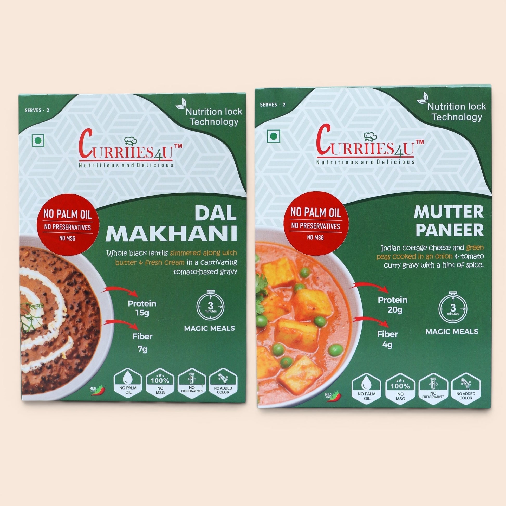 Curriies4U Ready-to-Eat Combo featuring Dal Makhani and Mutter Paneer, authentic Indian vegetarian curries made with black lentils, paneer, and green peas, high-protein meals, no preservatives, no MSG, no palm oil, healthy instant Indian food, shelf-stable and travel-friendly meal pack.