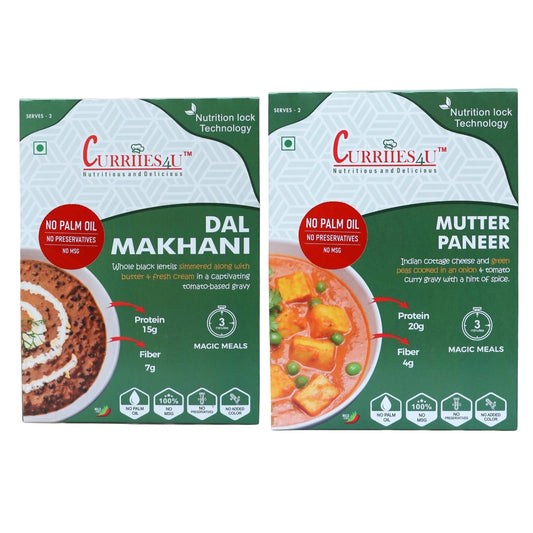 Curriies4U Ready-to-Eat Combo featuring Dal Makhani and Mutter Paneer, authentic Indian vegetarian curries made with black lentils, paneer, and green peas, high-protein meals, no preservatives, no MSG, no palm oil, healthy instant Indian food, shelf-stable and travel-friendly meal pack.