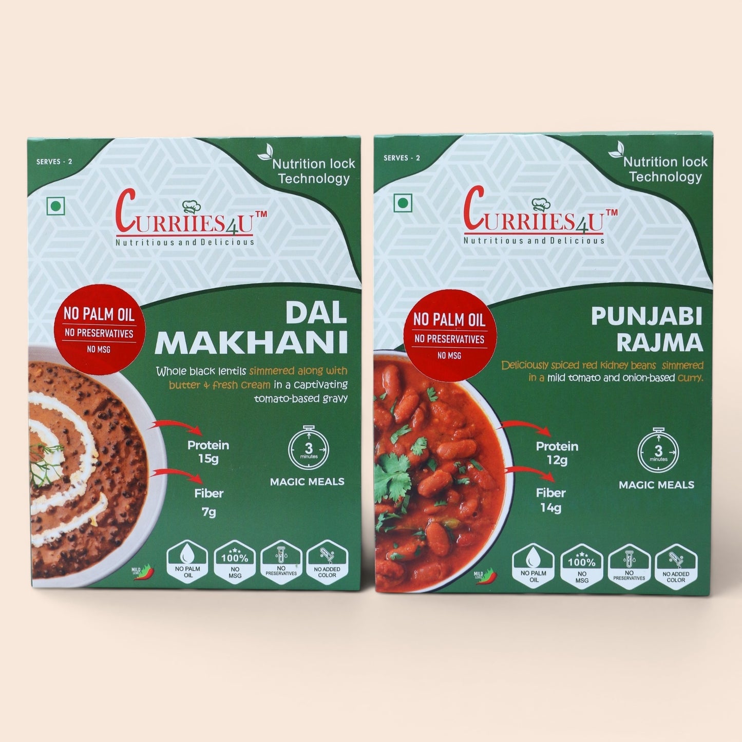 Curriies4U Dal Makhani & Punjabi Rajma Ready to Eat Combo Pack | Authentic North Indian Curries | No Preservatives, No MSG, No Palm Oil | High Protein & High Fibre Vegetarian Meals | 300g x 2 Packs