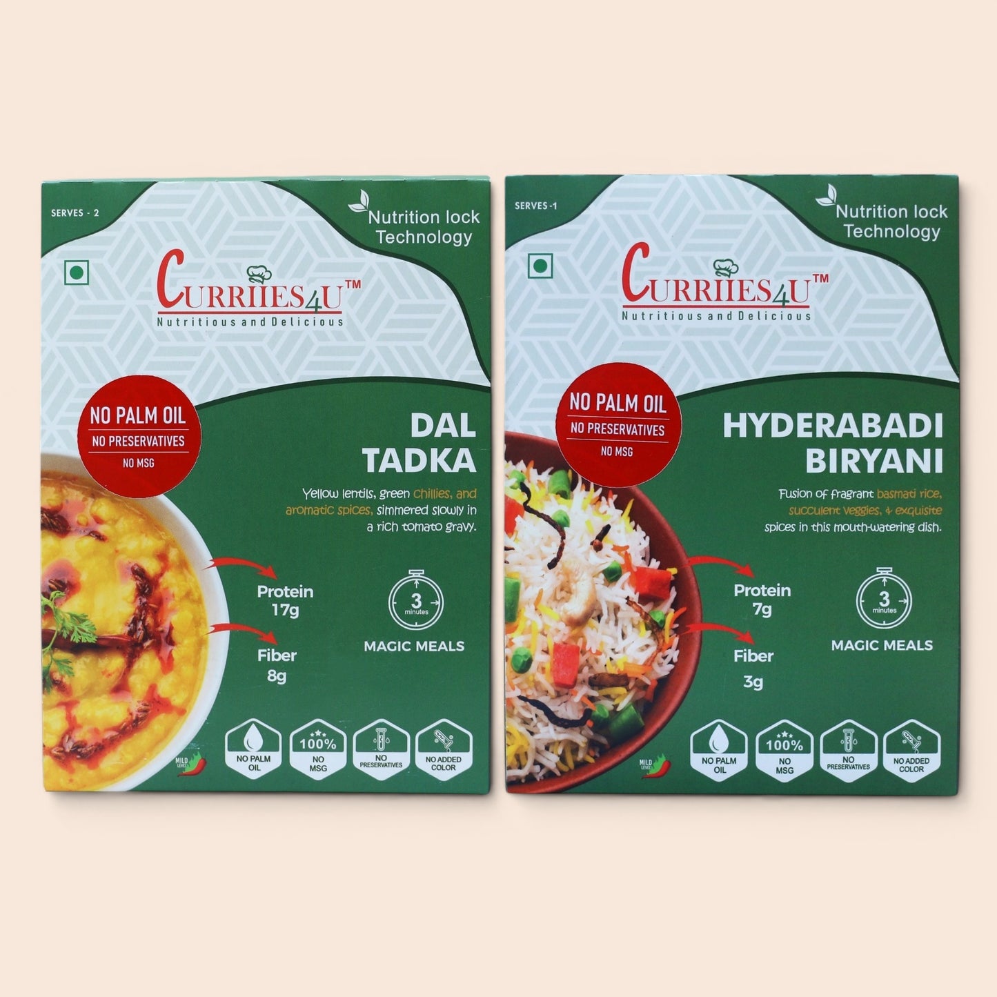 Curriies4U Dal Tadka & Hyderabadi Veg Biryani Ready to Eat Combo Pack | Authentic Indian Vegetarian Meals | No Preservatives, No MSG, No Palm Oil | High Protein Food | 300g x 2 Packs