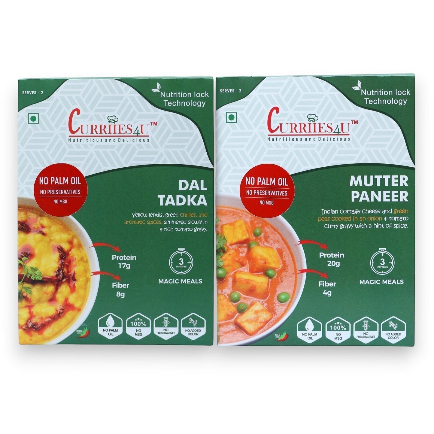 Curriies4U Dal Tadka & Mutter Paneer Ready to Eat Combo Pack – Authentic Indian Vegetarian Meals, High Protein Food, No Preservatives, No MSG, No Palm Oil, Instant Ready-to-Eat Indian Curry Combo
