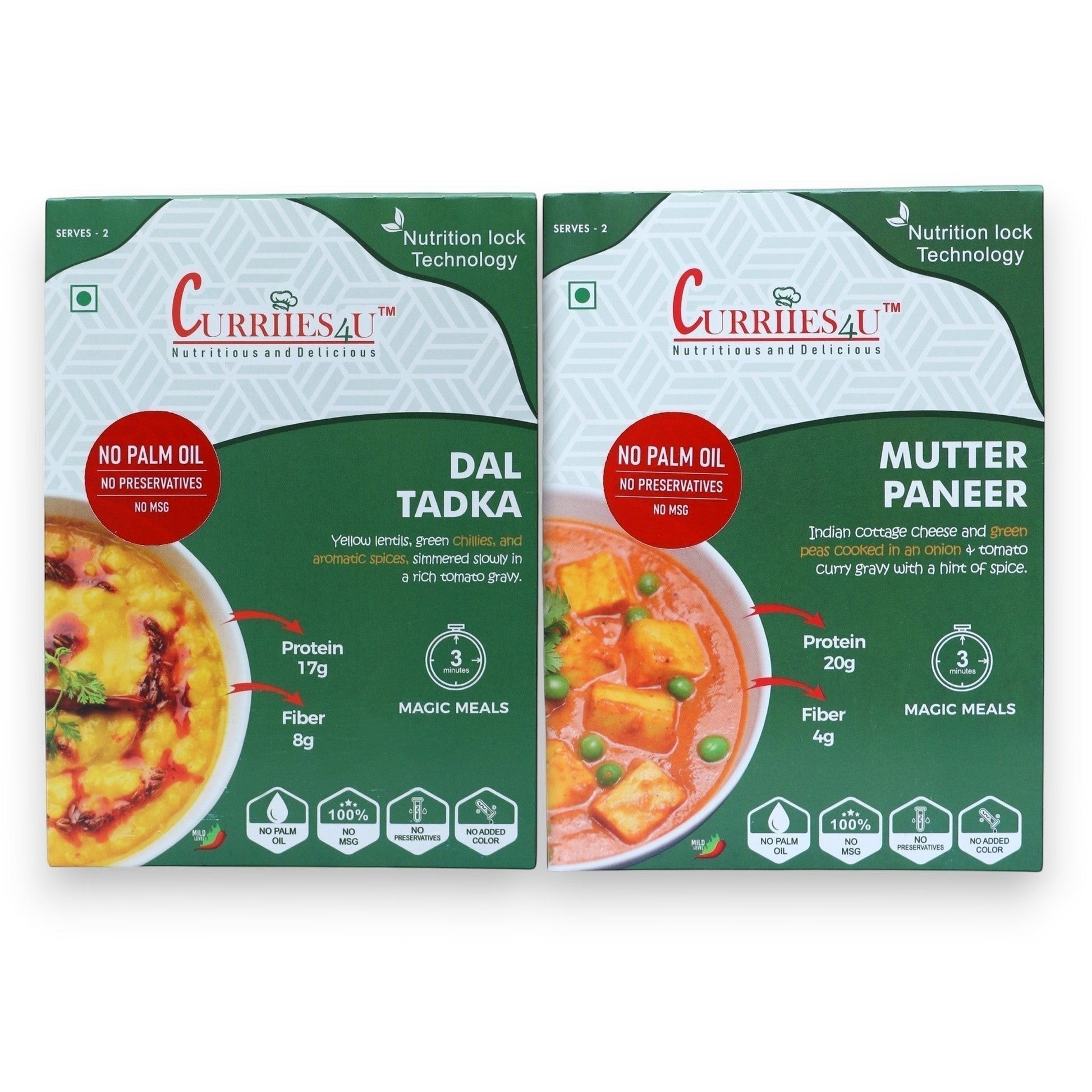 Curriies4U Dal Tadka & Mutter Paneer Ready to Eat Combo Pack – Authentic Indian Vegetarian Meals, High Protein Food, No Preservatives, No MSG, No Palm Oil, Instant Ready-to-Eat Indian Curry Combo