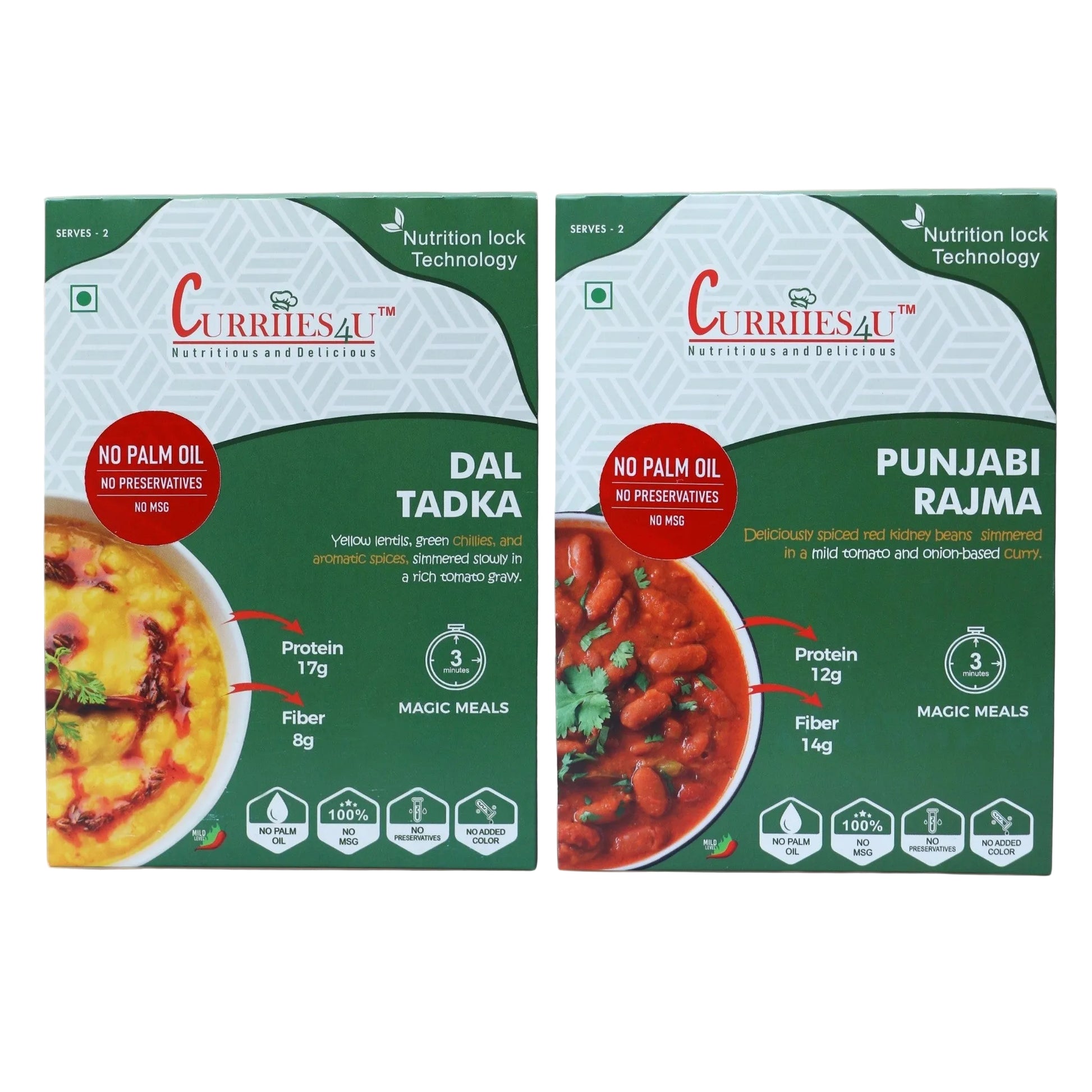 Curriies4U Dal Tadka & Punjabi Rajma Ready to Eat Combo Pack – Authentic Indian Lentil and Kidney Bean Curries, No Preservatives, No MSG, No Palm Oil, High Protein Vegetarian Meals, Instant Ready-to-Eat Indian Food