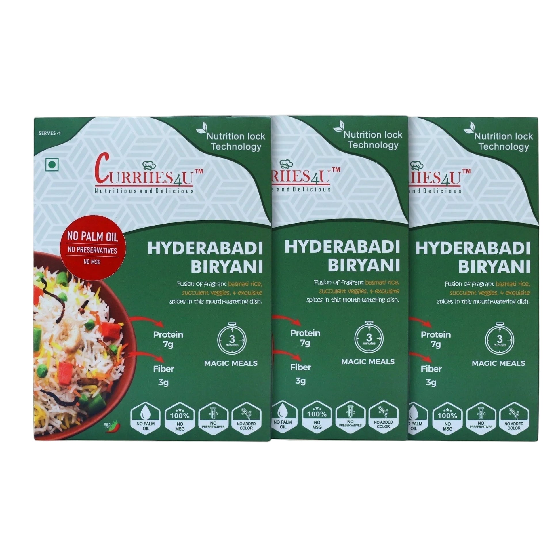 Curriies4U Hyderabadi Veg Biryani Ready to Eat Meal Pack of 3 – Authentic Hyderabadi Basmati Rice Biryani, Instant Vegetarian Indian Food, No Preservatives, No MSG, No Palm Oil, Healthy Ready-to-Eat Meal Combo Pack