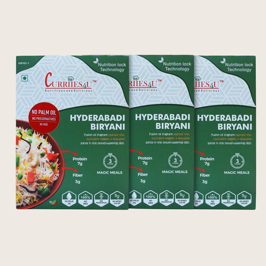Curriies4U Hyderabadi Veg Biryani Ready to Eat Meal Pack of 3 – Authentic Hyderabadi Basmati Rice Biryani, Instant Vegetarian Indian Food, No Preservatives, No MSG, No Palm Oil, Healthy Ready-to-Eat Meal Combo Pack