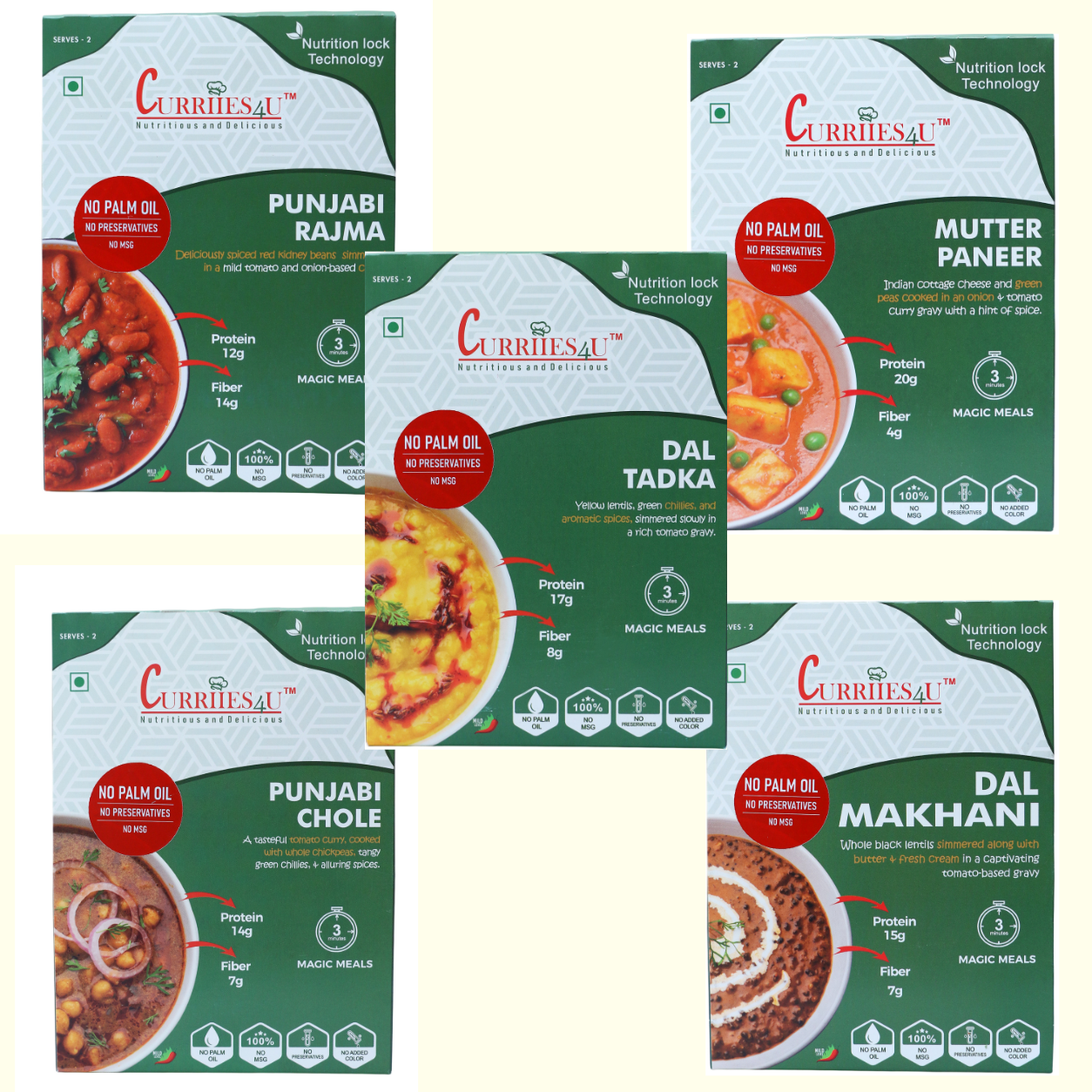 Collection of Curriesa food packaging with various dishes on a white background