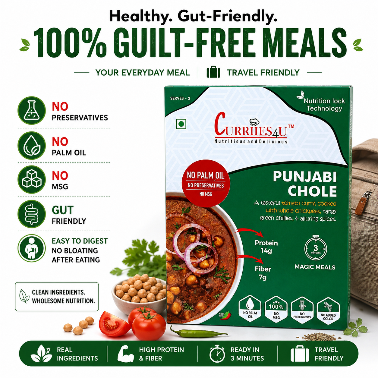 Curries4U Punjabi Chole packaging with health benefits and travel-friendly features.

