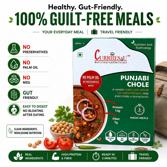 Curries4U Punjabi Chole packaging with health benefits and travel-friendly features.

