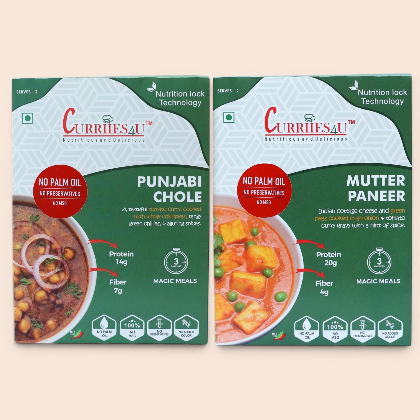 Curriies4U Punjabi Chole and Mutter Paneer Ready to Eat Combo Pack, Authentic Indian Vegetarian Meals, No Preservatives, No MSG, No Palm Oil, High Protein Chickpea Curry and Paneer Curry, Instant Food Ready in 3 Minutes