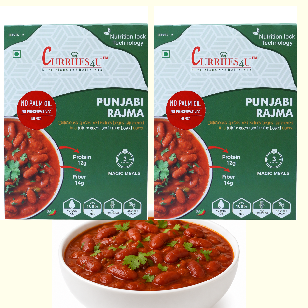 Curriies4U Punjabi Rajma Ready to Eat Meal Pack of 2 | Authentic Rajma Masala | Kidney Bean Curry | No Palm Oil, No Preservatives, No MSG | High Protein & Fiber | Ready in 3 Minutes